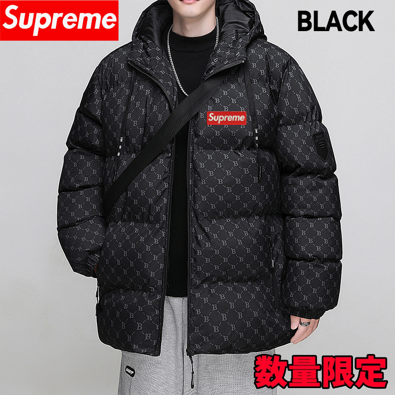 【数量限定】2024SUPREME 冬の新作トレンドブランドBレター総プリント綿服フード付き厚手パンジャケット【ブラック】