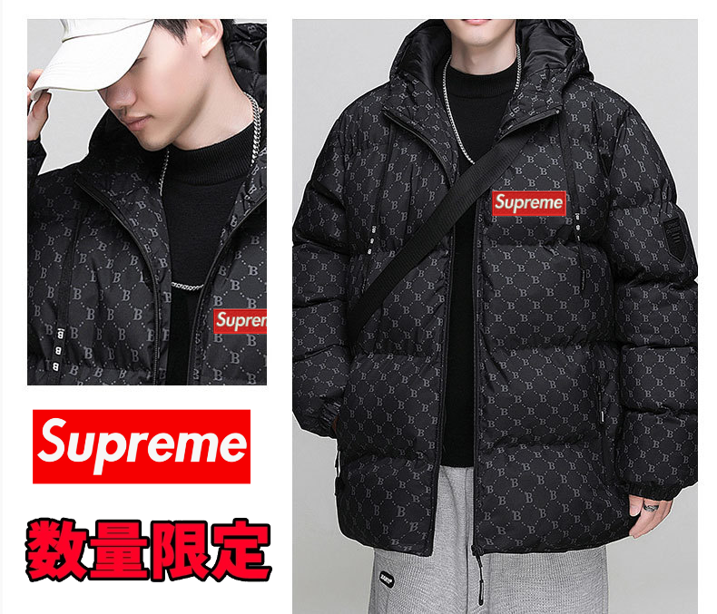 【数量限定】2024SUPREME 冬の新作トレンドブランドBレター総プリント綿服フード付き厚手パンジャケット【ブラック】